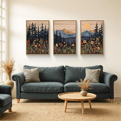 HOURIA Natural Mountain Floral Framed Canvas Wall Art,Modern Sunrise Forest Wall Decor,Boho Wildflower Woodland Landscape Artwork,Wilderness Pine Tree Field Art Print for Living Room,Office-16 x24 x3