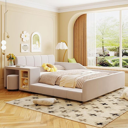 Merax Full Upholstered Grounded Bed Mother & Child, Beige Velvet