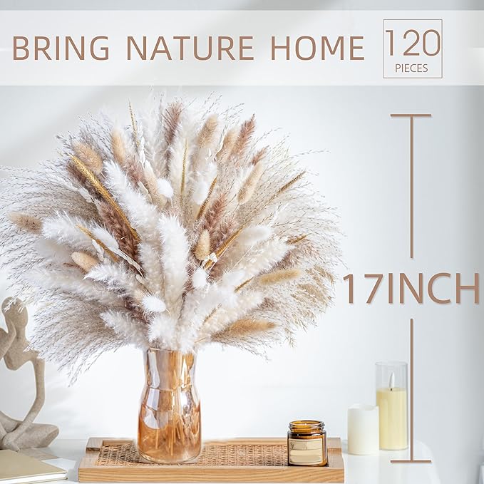 120PCS Natural Dried Pampas Grass Boho Home Decor Bouquet Phragmites Dried Flowers Bouquet for Wedding Floral Arrangements Home Decorations (120PCS)