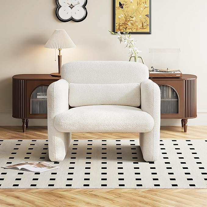 33.86" Accent Chairs, Modern Upgrade Sherpa Fabric Arm Chair Comfy Upholstered Armchair Leisure Single Sofa Chair with a Waist Pillow for Bedroom, Office and Living Room