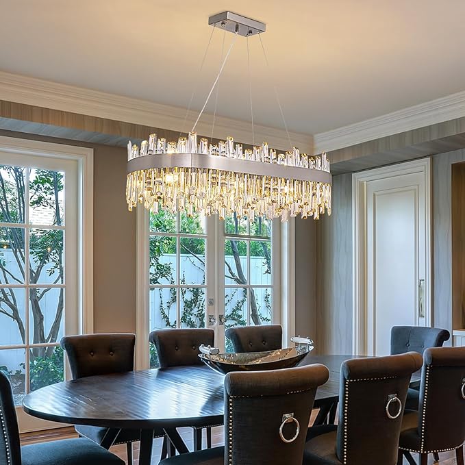 Siljoy 16-Light Modern Crystal Chandelier, Luxury Rectangular 2-Tier Crystal Raindrop Chandelier, Brushed Nickel Oval Pendant Ceiling Light Fixture for Dining Room Kitchen Island Bar L35.4''