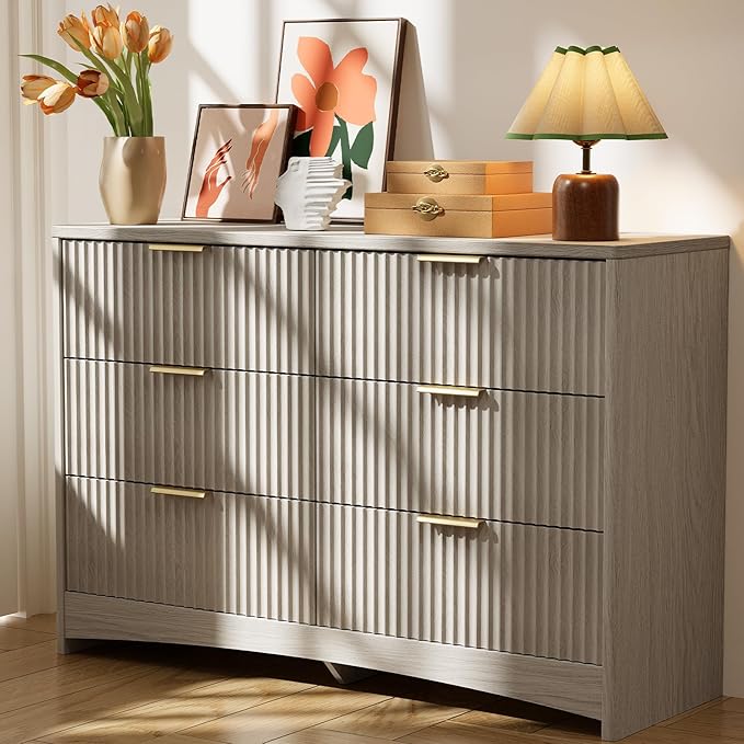 Pipishell Fluted 6 Drawers Dresser for Bedroom, 47" Wooden Drawers with Metal Handle, Dressers with Round Corner Design, Closet Storage Organizer for Bedroom, Hallway, Grey
