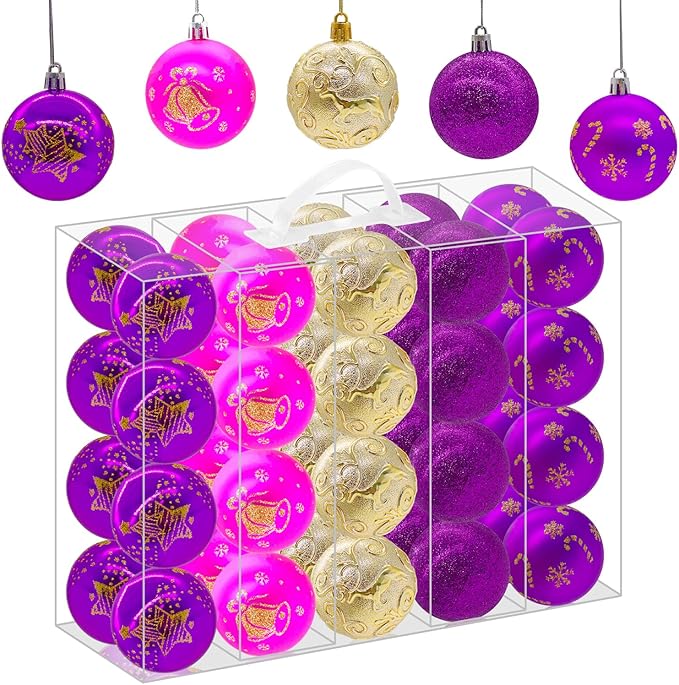 40PCS 2.36" Christmas Balls Ornaments, Plastic Christmas Tree Ornaments, Holiday Baubles, Hanging Decorations for Xmas Trees Holiday Party, Purple Gold Baubles