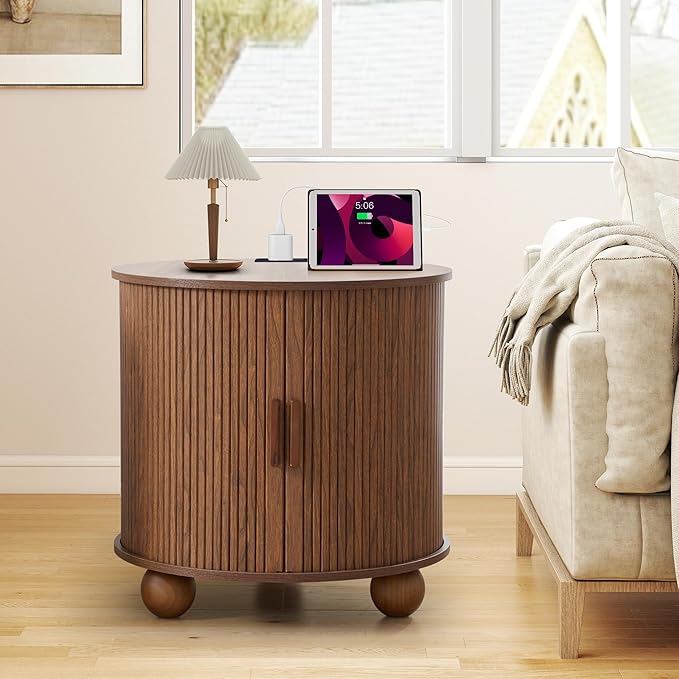 24" Fluted Round Nightstand Set of 2, Mid-Century Large Wooden End Table with Charging Station, Farmhouse Storage Side Table with Sliding Door for Bedroom Living Room (2XRound, Walnut)