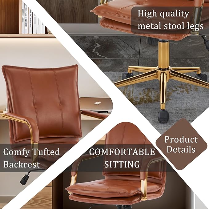MOJAY Mid-Back Ergonomic Leather Office Chair, Modern Upholstered Executive Desk Chair with Gold Frame Armrest Computer Task Chair (Caramel)