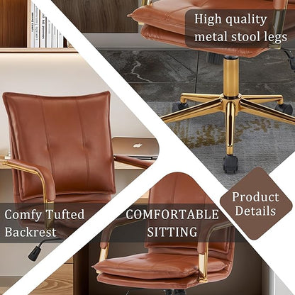 MOJAY Mid-Back Ergonomic Leather Office Chair, Modern Upholstered Executive Desk Chair with Gold Frame Armrest Computer Task Chair (Caramel)