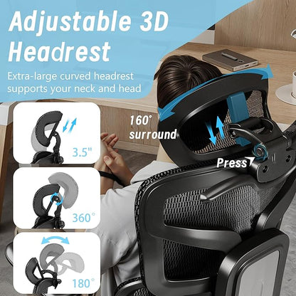 High-Back Ergonomic Mesh Office Chair, Modern Executive Desk Chair with 4D Armrests Computer Task Chair (Black Mesh Dual Lumbar Support)