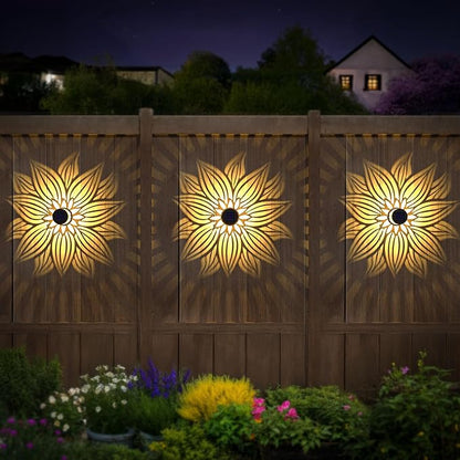 Solar Fence Lights 2 Pack Outdoor Deck Step Wall Lights Metal Waterproof LED Warm Yellow Light for Garden Post Patio Backyard Yard Decor (Flower, 2)