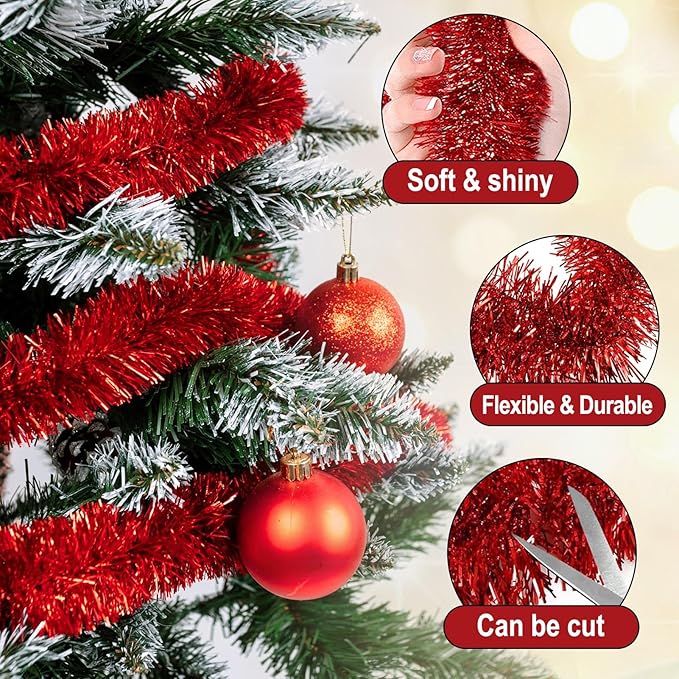 50 Feet Red Christmas Tinsel Garland, Metallic Foil Twist Garland Wall Hanging Tinsel Banner Backdrop for Parade Floats, Easter, Mother's Day, Wedding Party Decorations (2in x 50ft)