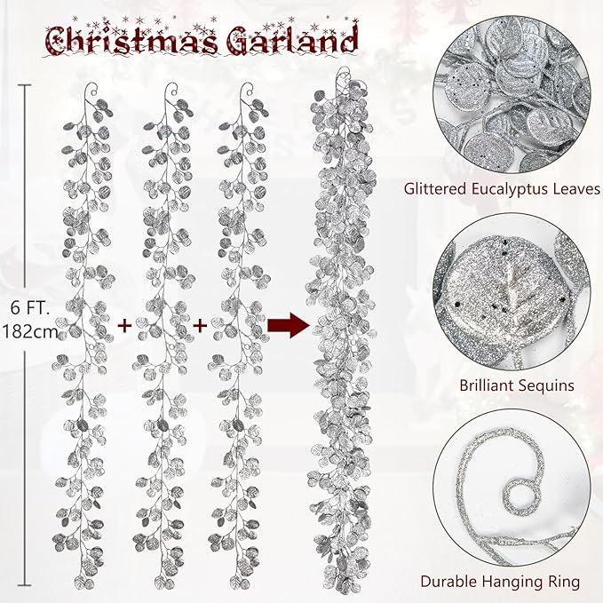 3 Pcs 6FT Christmas Garland Silver Glittered Artificial Eucalyptus Leaves for Mantle Christmas Tree Decorations Indoor Outdoor Hanging Garland Ornaments Garden Door Window Stair Holiday Home Decor
