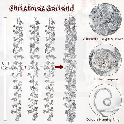 3 Pcs 6FT Christmas Garland Silver Glittered Artificial Eucalyptus Leaves for Mantle Christmas Tree Decorations Indoor Outdoor Hanging Garland Ornaments Garden Door Window Stair Holiday Home Decor
