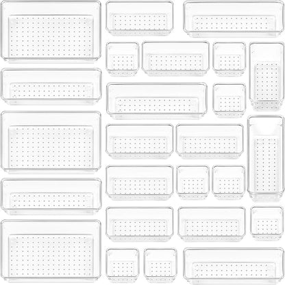 Vtopmart 25 PCS Clear Plastic Drawer Organizers Set, 4-Size Versatile Bathroom and Vanity Drawer Organizer , Storage Bins for Makeup, Bedroom, Kitchen Gadgets Utensils and Office