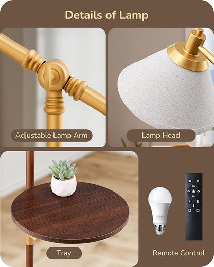 EDISHINE 68" Arc Floor Lamp with Table, Vintage Standing Lamp for Living Room, Tall Reading Lamp, Beige Shade, Adjustable Arm, Remote Dimmable Bulb Included, for Bedroom Office, Wood Grain