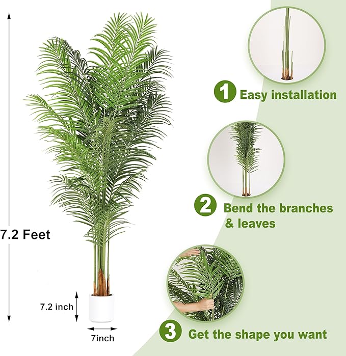 Artificial Palm Tree 7.2Ft Tall Fake Potted Plant Faux Silk Green Floor Decorative Large Artificial Plants Indoor for Office Home Living Room Outdoor Decor