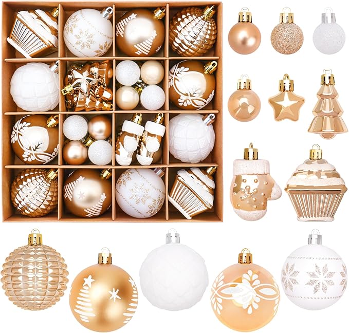 DeckTheHalls 42 Pcs Christmas Ornaments, Various Styles of Christmas Ball Ornaments, Shatterproof Christmas Balls for Holiday Xmas Tree Decor, Hanging Ornament for Indoor Decoration (Gold & White)