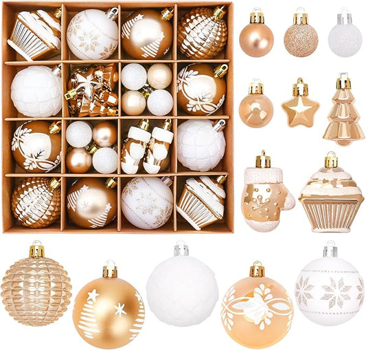 DeckTheHalls 42 Pcs Christmas Ornaments, Various Styles of Christmas Ball Ornaments, Shatterproof Christmas Balls for Holiday Xmas Tree Decor, Hanging Ornament for Indoor Decoration (Gold & White)