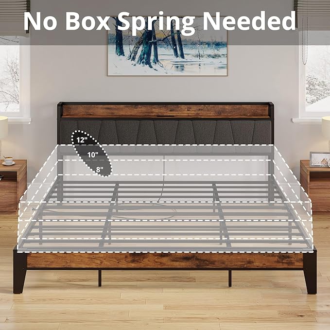 LIKIMIO California King Bed Frames, Storage Headboard with Charging Station, Solid and Stable, Noise Free, No Box Spring Needed, Easy Assembly