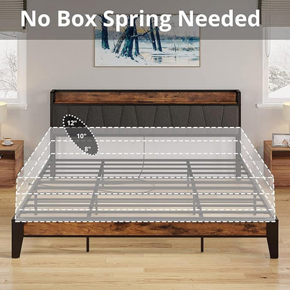 LIKIMIO California King Bed Frames, Storage Headboard with Charging Station, Solid and Stable, Noise Free, No Box Spring Needed, Easy Assembly