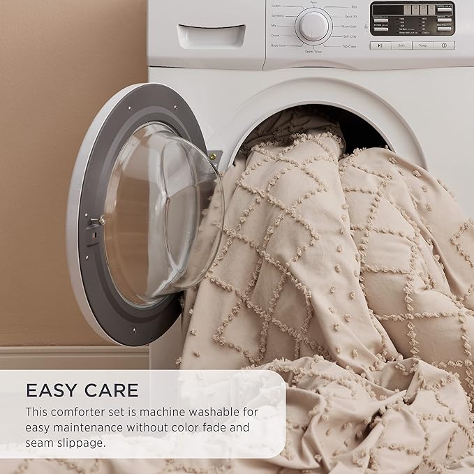 Bedsure Queen Comforter Set - Warm Tan Comforter, Boho Tufted Shabby Chic Bedding for Kids, 3 Pieces Vintage Farmhouse Bed Set for All Seasons, Fluffy Soft Bedding with 2 Pillow Shams