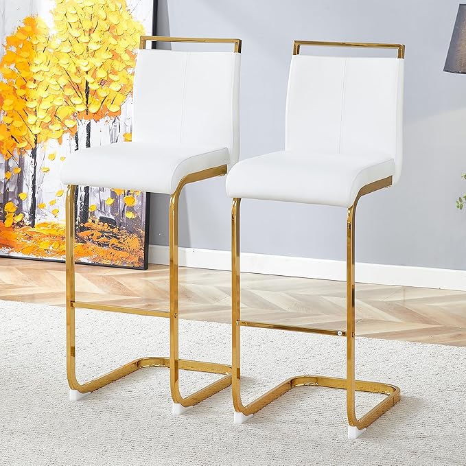 Counter Height Bar Stools Set of 2,Gold Bar Stools with Back,30" White Island Chairs with Gold Chrome Plated Metal Leg,Faux Leather Barstools for Pub Kitchen Counter Dining Chair