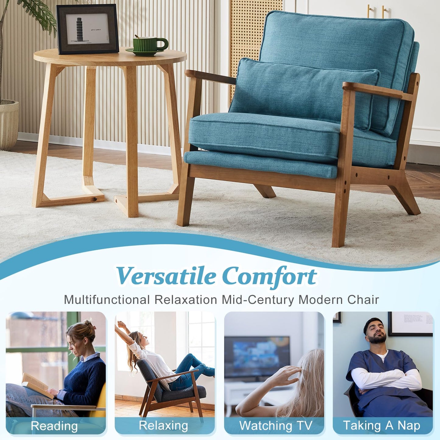 VINGLI Solid Wood Wide Armrests Accent Chair,Upholstered Mid Century Modern Chair with Pillow,Comfy Reading Chair Farmhouse Arm Chair,Chairs Living Room,Bedroom,Guest Room,Teddy Fleece,Khaki