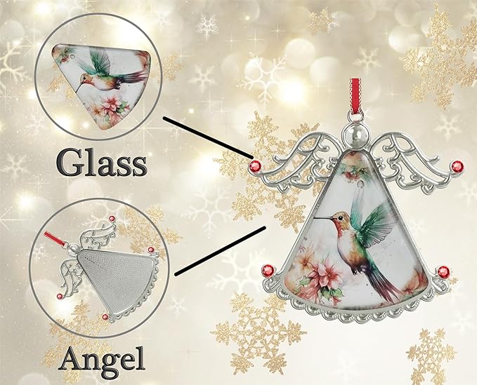 XUTAI Lovely Hummingbird and Pink Flowers Angel Christmas Tree Ornaments Pink Flower Christmas Ornament Glass Christmas Hanging Angel Glass Pendant for Holiday Decoration