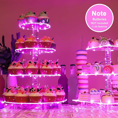 YestBuy 4 Tier Round Cupcake Stand – Premium Cupcake Holder – Acrylic Cupcake Tower Display – Acrylic Display for Pastry + LED Light String – Ideal for Weddings, Birthday Parties & Events (Pink)