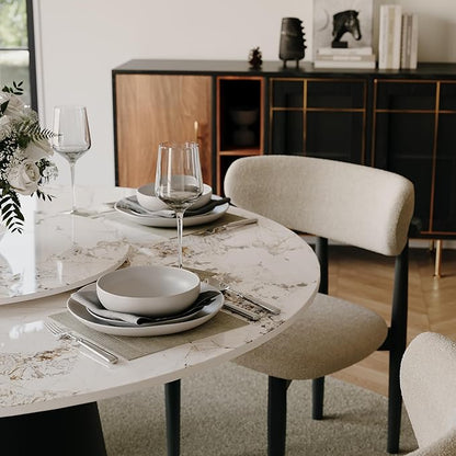 POVISON Round Dining Table for 4, 47" Modern Dining Table with 23" Lazy Susan, Pandora Sintered Stone Dining Tabletop with Black Carbon Steel Pedestal(Dining Table Only)