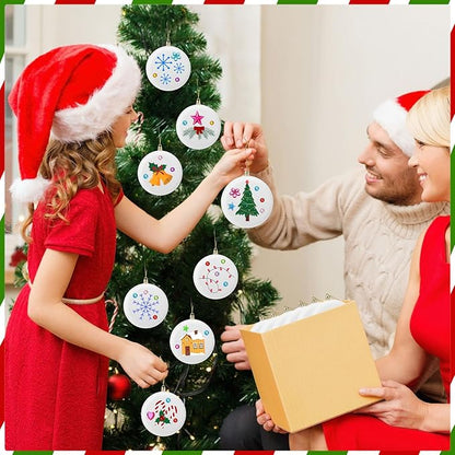 Syhood 36 Pcs 4'' DIY Christmas Blank White Ball Ornaments Set Plastic Matte Flat Discs Ornaments DIY Xmas Tree Decoration with Acrylic Paint Markers Gems Stickers for Crafts Party Decor