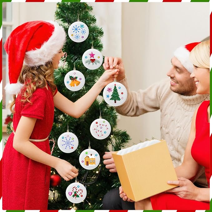 Syhood 24 Pcs 4'' DIY Christmas Blank White Ball Ornaments Set Plastic Matte Flat Discs Ornaments DIY Xmas Tree Decoration with Acrylic Paint Markers Gems Stickers for Crafts Party Decor