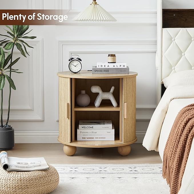 24" Fluted Round Nightstand Set of 2, Mid-Century Large Wooden End Table with Charging Station, Farmhouse Storage Side Table with Sliding Door for Bedroom Living Room (2XRound, Natural)