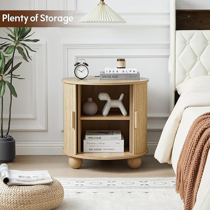 24" Fluted Round Nightstand Set of 2, Mid-Century Large Wooden End Table with Charging Station, Farmhouse Storage Side Table with Sliding Door for Bedroom Living Room (2XRound, Natural)