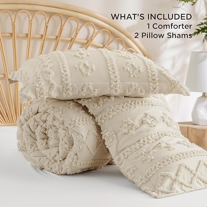 Bedsure Tufted Boho Comforter Set Oversized King - Beige Boho Bed Set, GentleSoft™ 3 Pieces Farmhouse Shabby Chic Embroidery Bedding, Gifts for Woman, Soft Jacquard Comforter for All Seasons