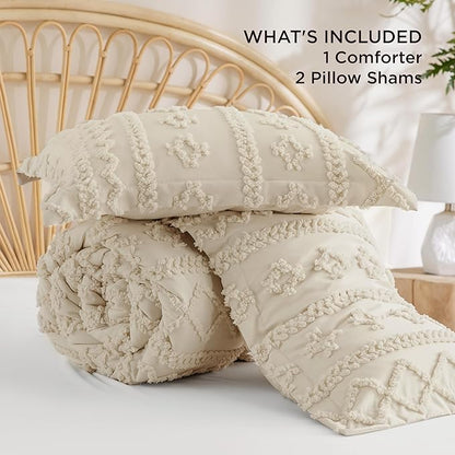 Bedsure Tufted Boho Comforter Set Oversized King - Beige Boho Bed Set, GentleSoft™ 3 Pieces Farmhouse Shabby Chic Embroidery Bedding, Gifts for Woman, Soft Jacquard Comforter for All Seasons