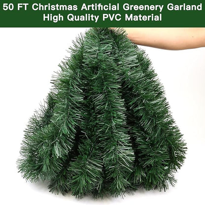 50 Foot Green Christmas Garland Christmas Decorations, Artificial Greenery Pine Garlands Xmas Decor Soft Tinsel Garland Non-Lit for Stairs Mantle Fireplace Home Indoor Outdoor Holiday Party Supplies