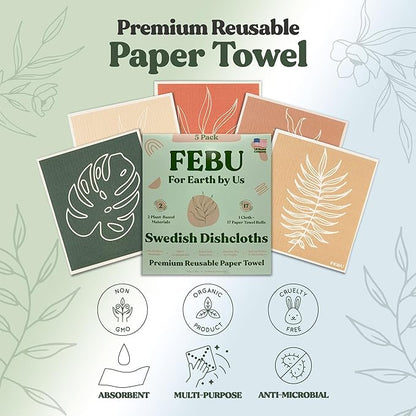 FEBU Swedish Dish Cloths 5 Pack Floral Reusable Washable Kitchen Dish Towels