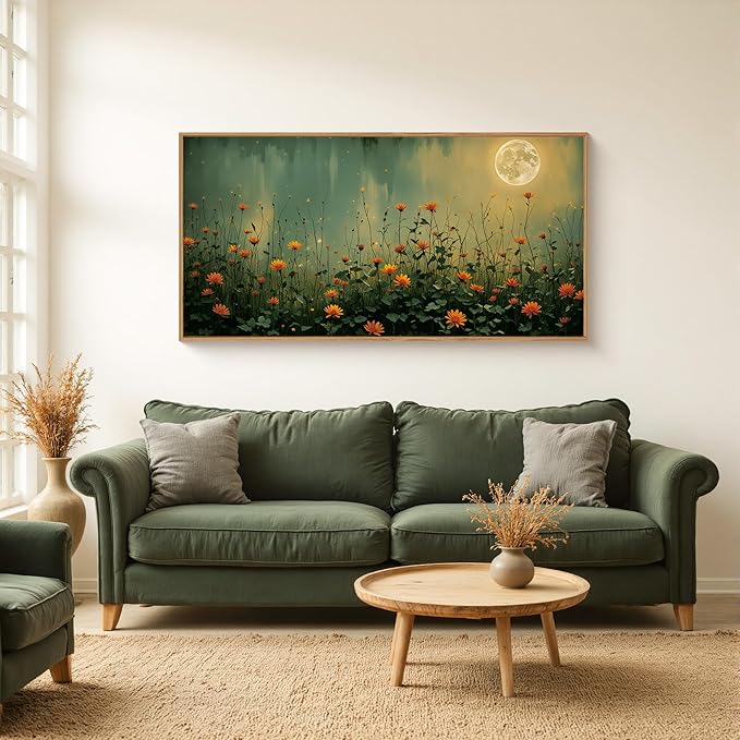 HOURIA Mystical Midnight Wildflower Framed Canvas Wall Art Set,Moonlit Orange Floral Wall Decor,Nature Inspired Landscape Artwork,Watercolor Art Prints for Living Room,Bedroom,Farmhouse- 20"×40"×1