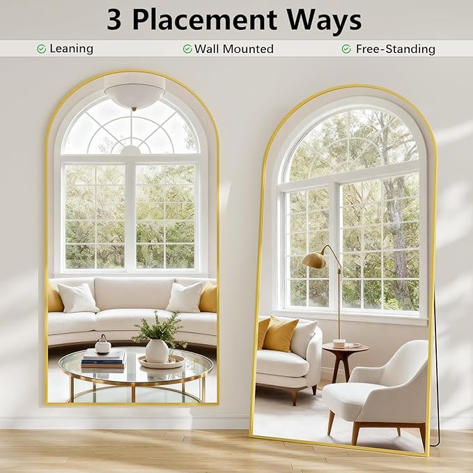 Oversized Full Body Mirror 35x78 inch Arched Full Length Mirror with Stand Aluminum Wall Mounted Hanging or Leaning Standing Mirrors,Gold