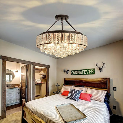YYJLX 6 Light Modern Crystal Oil Rubbed Bronze Metal Semi Flush Mount Ceiling Light Fixture E26 Indoor Round Ceiling Lamp for Dining, Living, Foyer, Kitchen, Bedroom
