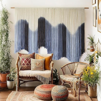 IOWER Macrame Wall Hanging Large Blue Dip Dyed Fiber Art Tapestry, Handmade Boho Wall Decor for Living Room Bedroom, Macrame Wall Art 57" W x 39" L