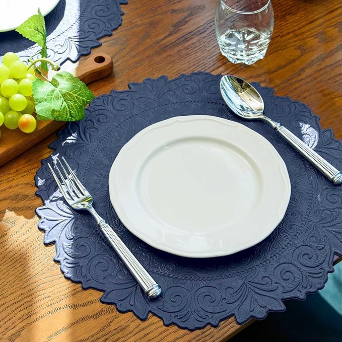 Noctiflorous Round Faux Leather 15 Inch Placemats Set of 4 Waterproof Wipeable Heat Resistant Tablemat for Dining Table Kitchen Non Slip Oilproof Table Place Mat for Indoor Outdoor(A Blue, 4)