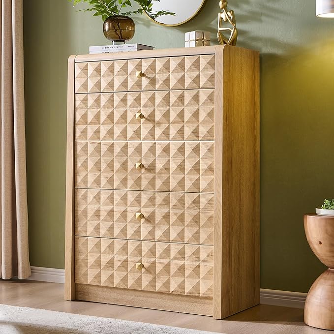 Modern 5 Drawer Dresser for Bedroom, Wooden Tall Dressers &Chests of Drawers w/Two Different Drawer Sizes, Mid Century Modern Dresser w/Diamond Panel Decorate for Bedroom,Curved Profile Design,Natural