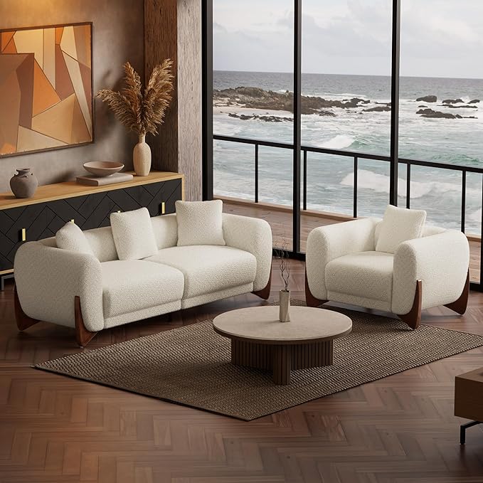 Morden Fort Boucle Armchair, Modern Upholstered Sofa Chair Wooden Leg with Durable Comfy Boucle Pet-Friendly 25'' Deep Seat & Pillow Couch Accent Chairs for Living Room Bedroom Reading, Toffee Orange