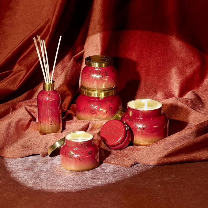 Capri Blue Glimmer Petite Signature Jar Candle - Apple Cider Social Scented Candle with Ombre Glass Candle - Luxury Aromatherapy Candle - Red and Gold (8 oz)
