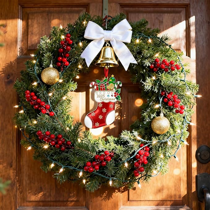 Christmas Stocking Ornament 2025 for Tree Decorations Stockings Gift, Metal Dated Ornaments 2025 Keepsake Yearly Hanging Ornaments for Xmas Tree Wreath Decor Holiday Party Supplies Snowflake