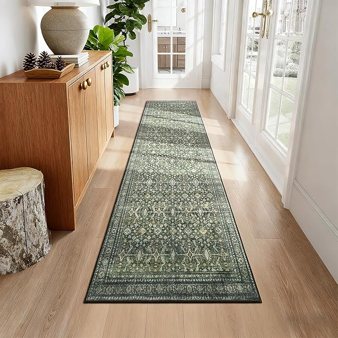 Lofus 2X 8 Runner Rug for Hallways,Green Washable Runner Rugs with Non Slip Rubber Backing, Low Pile Soft Carpet Runner for Kitchen Bathroom Bedroom Laundry