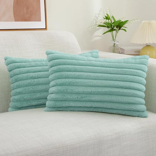 decorUhome Faux Fur Throw Pillow Covers 12x20 Set of 2, Decorative Soft Plush Striped Lumbar Neutral Euro Pillow Covers with Velvet Back for Bed, Living Room Home Decor, Aqua