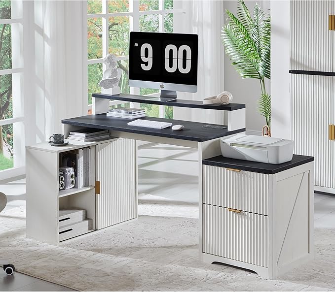 JXQTLINGMU 67" Modern L Shaped Desk with Storage Cabinet & Drawers, Wood Home Office Desk with Power Outlets, Fluted Computer Writing Desk, Antique White