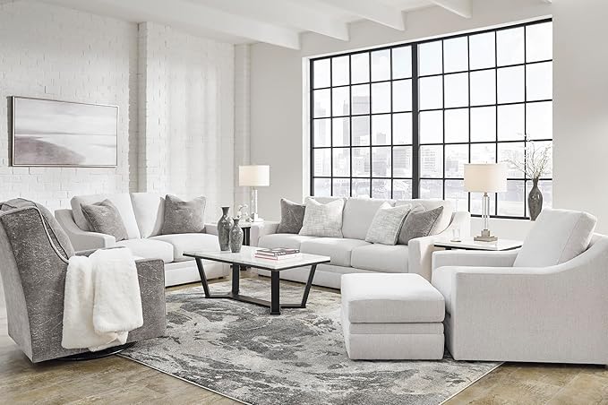 Signature Design by Ashley Maitelynn Contemporary Loveseat with Accent Pillows, Reversible Cushions and Sloped Arms, Light Gray