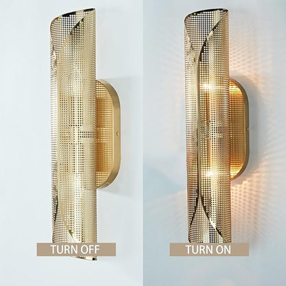 Modern Aged Brass Curved Rounded Perforated Metal Canopy Double Wall Sconce, Hand-Made Wall Mounted Light Beside Mirror, Wall Light for Hallway, Bedroom, Living Room